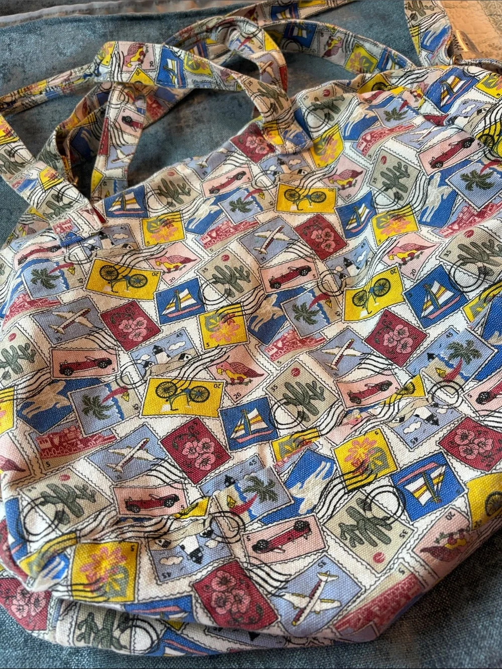 Canvas Duffel Bag in Multicolor Stamp Print